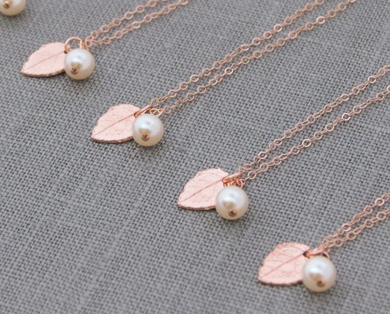 Rose Gold Leaf Necklace Set of 4 Rustic Bridesmaid Jewelry Etsy