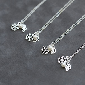 Sterling Silver Snowflake Necklace Set of 4, Winter Bridesmaid Necklace, Personalized Winter Wedding Jewelry, Initial Necklace, Christmas image 6