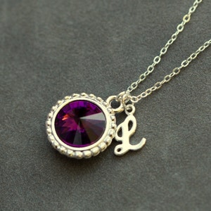 February Birthstone Initial Necklace, Personalized Birthstone Jewelry, Purple Amethyst Sterling Silver Letter Necklace, Mother's Necklace