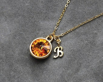 Initial Birthstone Jewelry, November Topaz Necklace, New Mother, Bridesmaids, Gold Letter Jewelry, Initial Necklace