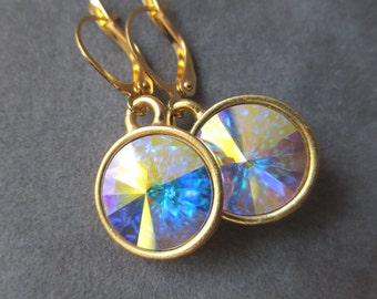 Gold Opal Earrings, October Birthstone Jewelry, Opal Drop Earrings, October Birthday Gift, Swarovski Crystal Jewelry