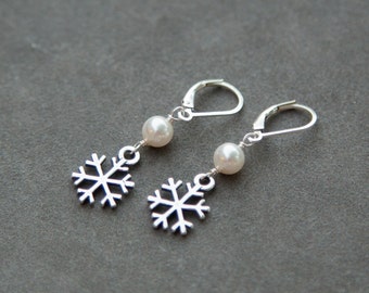 Winter Wedding Earrings, Holiday Jewelry, Custom Pearl Dangles, Sterling Silver Snowflake Earrings, Christmas Jewelry
