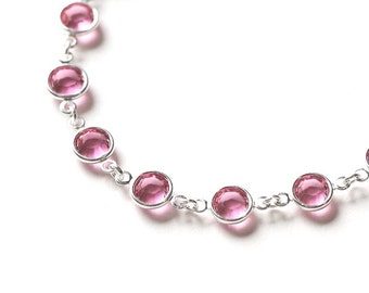 Pulsera de cristal rosa, pulsera de piedra de nacimiento de octubre, joyería de turmalina rosa, plata, joyería de piedra de nacimiento de octubre, pulsera de cristal rosa rosa