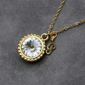 April Birthstone Necklace, Personalized Initial Jewelry, Gold New Mom Jewelry, Diamond Clear Initial Necklace