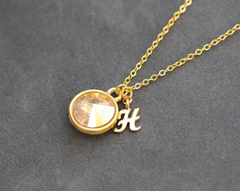 Custom Initial Birthstone Necklace, November Citrine Jewelry, Push Present, New Baby Gift, Gold Citrine Necklace