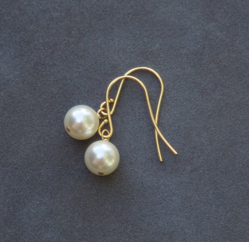 Gold Pearl Drop Earrings, Cream Pearl Bridal Jewelry, Drop Pearl Earrings, Dangle Bridesmaid Earrings image 1