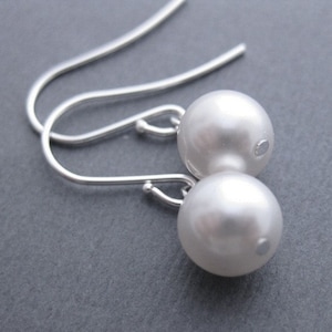 Drop Pearl Bridesmaid Earrings, Silver Pearl Earrings, Wedding Jewelry, White Pearl Drop Earrings