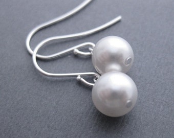 Drop Pearl Bridesmaid Earrings, Silver Pearl Earrings, Wedding Jewelry, White Pearl Drop Earrings