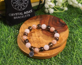 Smoky Quartz Rose Quartz Sunstone 10mm Bracelet, Crystal Healing Energy Protection Jewelry