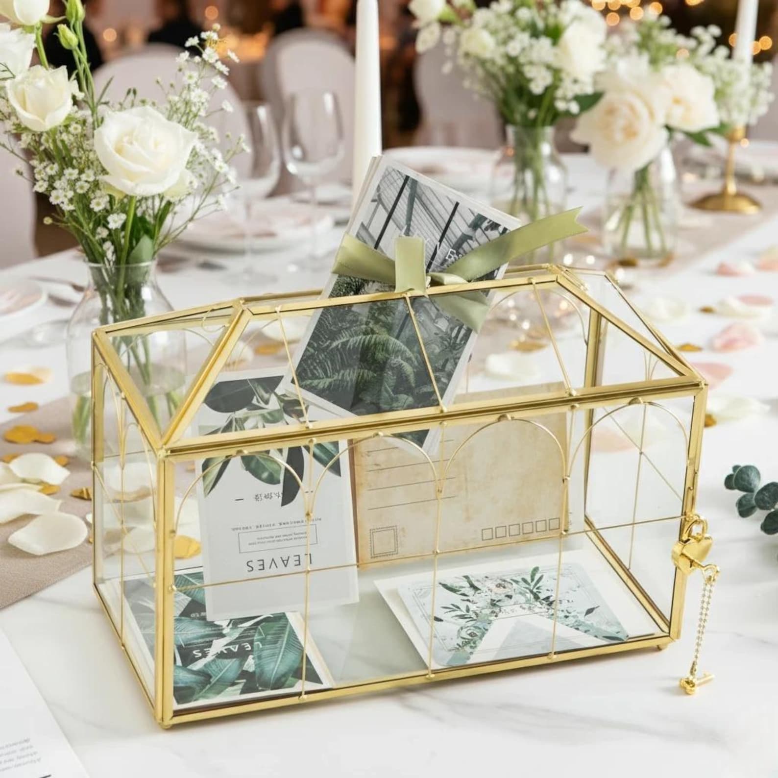 Vintage Large Glass Wedding Card Box with Slot Heart Lock - Gold, 12.5 Inch with arc