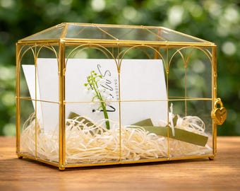Wedding Card Box Gold, Luxury Glass Card Box with Lock and Slot, Elegant Reception Gift Table Decor