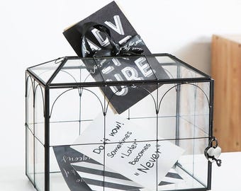 Geometric Glass Wedding Card Box with Heart Lock | Vintage Large Terrarium Envelope Holder | Reception Decor & Wedding Keepsake Gift for Her