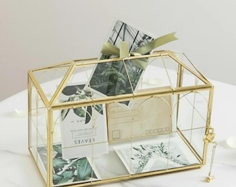 Large Glass Wedding Card Box with Slot & Heart Lock, Vintage Terrarium Envelope Holder, Keepsake Gift Box for Reception Bridal Shower