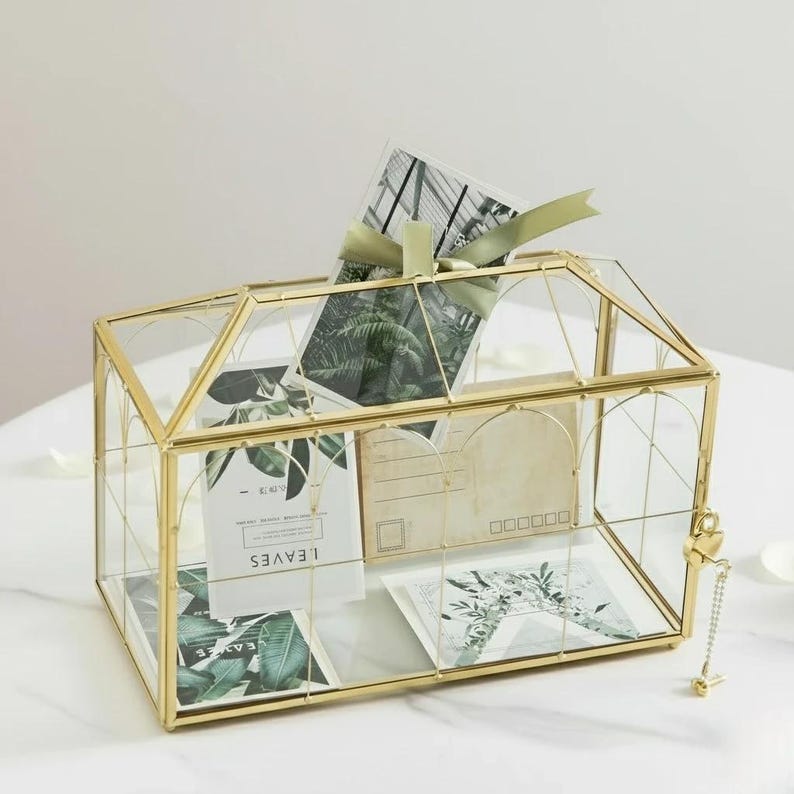 Vintage Large Glass Wedding Card Box with Slot Heart Lock, Geometric Terrarium Envelope Holder, Wedding Reception Keepsake Gift Box for Her