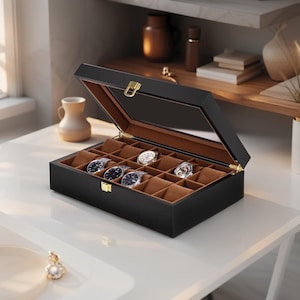 Aangepaste horlogedoos – handgemaakte horlogekast van kunstleer met glazen deksel – gepersonaliseerde 6/10/12 sleuven luxe display-organizer – cadeau voor hem