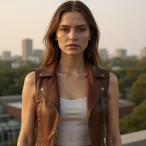 Cropped Brown Leather Biker Vest: Handmade Cowhide Moto Waistcoat