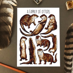 Otters watercolour postcard - family of otters postcard notelet