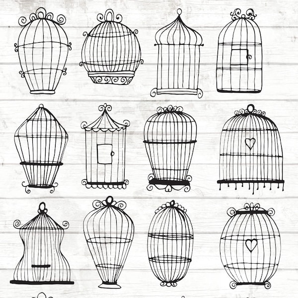 Bird Cage Clipart - 16 Hand Drawn Cages Clipart - Bird House Clipart - Digital Paper - Birdcage Clip Art - Bird Cage invitation - 83