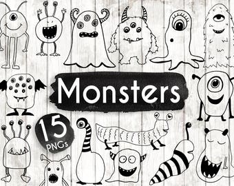 Monster Clipart - 15 Hand Drawn Monster Cliparts - Monster svg - Monster Logo Elements - Monster Illustration - ACGABW79