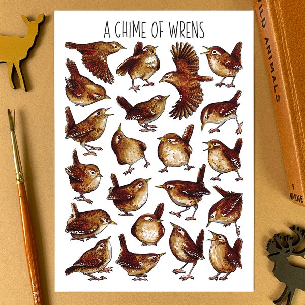 Wren watercolour postcard - Chime of Wrens postcard notelet