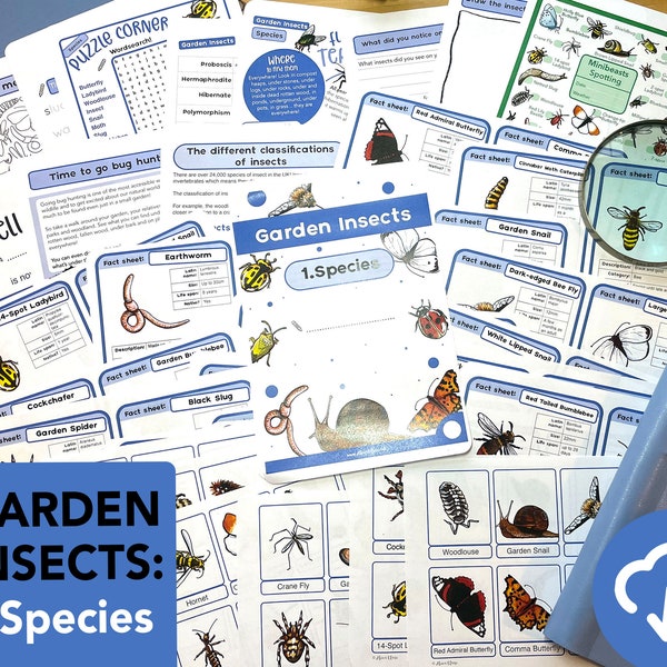Soorten tuininsecten Natuurstudiepakket - educatieve minibeesten afdrukbaar - Bugs thuisonderwijs - Flashkaarten van griezelige kruipers