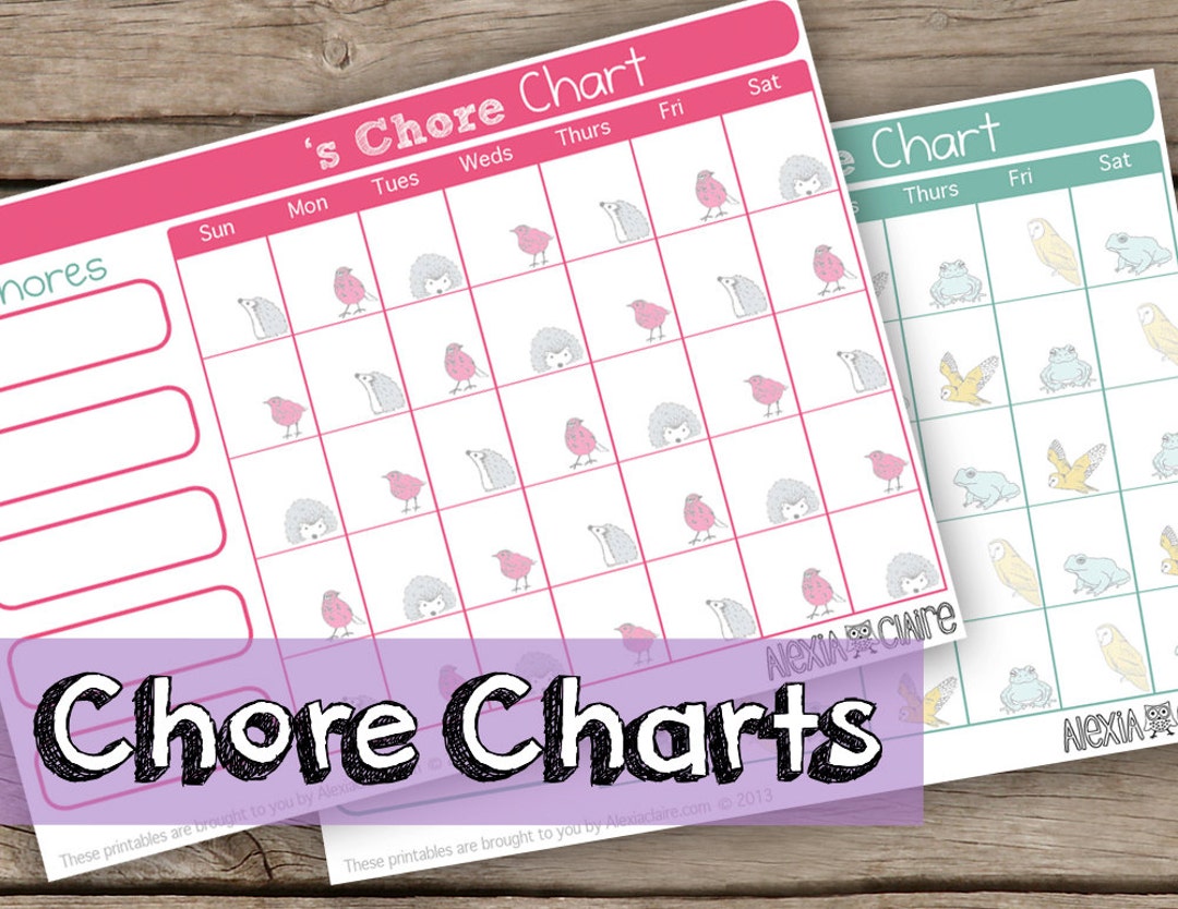 Children's Chore Chart Set Cute Hand Drawn Animal Illustrated 2 Page ...