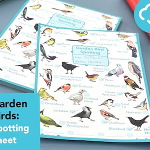 May include: A blue and white garden bird spotting sheet with illustrations of different birds, including a robin, blue tit, wren, and sparrowhawk. The sheet has checkboxes next to each bird and includes the date and weather conditions.