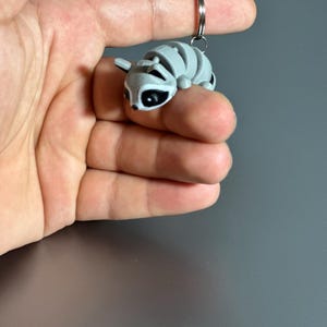May include: A grey and black raccoon keyring with a silver ring. The raccoon has a segmented body and a detailed face with black eyes and a white muzzle. The keyring is held in a hand.