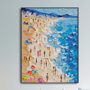 Happy Coast Painting Blue Ocean Swimming Painting Abstract Custom Painting Textured Wall Art Personalized Gifts Summer Art Coastal Art