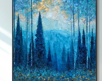 Cuadro original en 3D de bosque azul pintura abstracta paisaje natural decoración sala de estar pino abstracto arte de pared personalizado