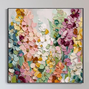 Colorful Floral Abstract Oil Painting Bright Garden Flowers on Canvas 3D Textured Wall Art Vibrant Nature Artwork Living Room Wall Art