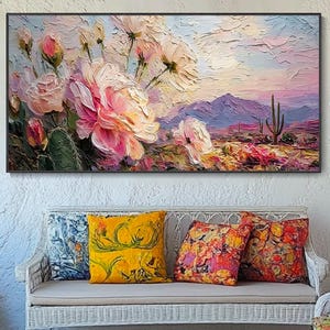 Abstract Textured Pink Floral Wall Art Canvas Large Flower Painting Garden Inspiration Decor Cactus Flowers Painting Colorful Desert Canvas