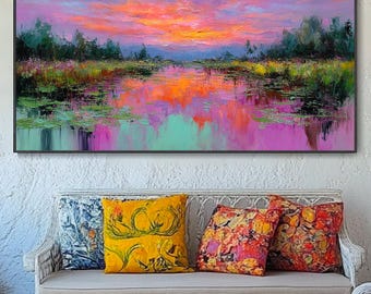 Pintura de paisaje fluvial en lienzo obra abstracta naturaleza árboles arte de pared atardecer rosa estilo bohemio decoración de pared