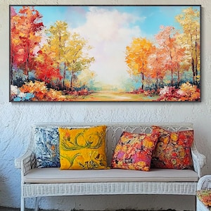 Canvas Colorful Tree Art Relief Forest Wall Decor Nature-Inspired Textured Mural Vivid Autumn Leaf Canvas Modern Nature Home Wall Art