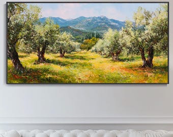 Abstrakcyjny krajobraz sadu wiejskiego malowidło na zamówienie tekstura drzew obraz do salonu impresjonizm mural naturalny do wnętrza