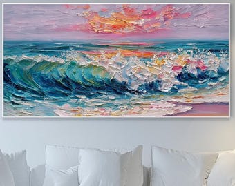 Original Seascape Canvas Beach Art White Wave Texture Painting Sunset Beach Home Decor Large Coastal Living Room Wall Art Minimalist Custom