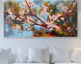 Lienzo Pintura al Óleo Árbol Floreciente, Paisaje Abstracto Decorativo, Planta Rosa Hechos a Mano, Decoración Moderna Bohemia para Salón,