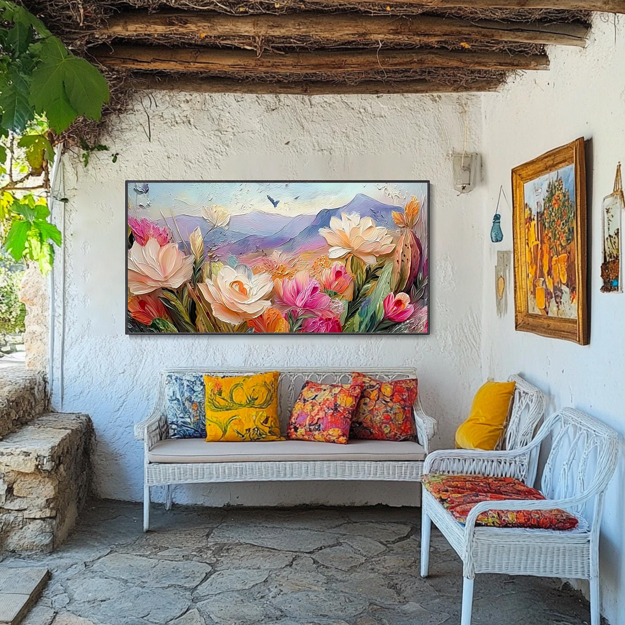 Pintura al óleo de campo de flores montañosas Mural texturizado de paisaje floral en 3D Arte impresionista de flores silvestres vibrantes