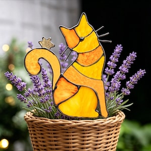 Pin planta en forma gato en vitral, pin de jardín, decor gato hecha a mano lindo pin de maceta planta suculenta, regalo para amantes plantas