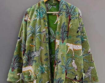 Green Jungle Print Velvet Jacket: Reversible Kimono Robe