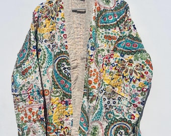 Handmade Kantha Long Jacket, Kantha Patchwork Kimono Robe,