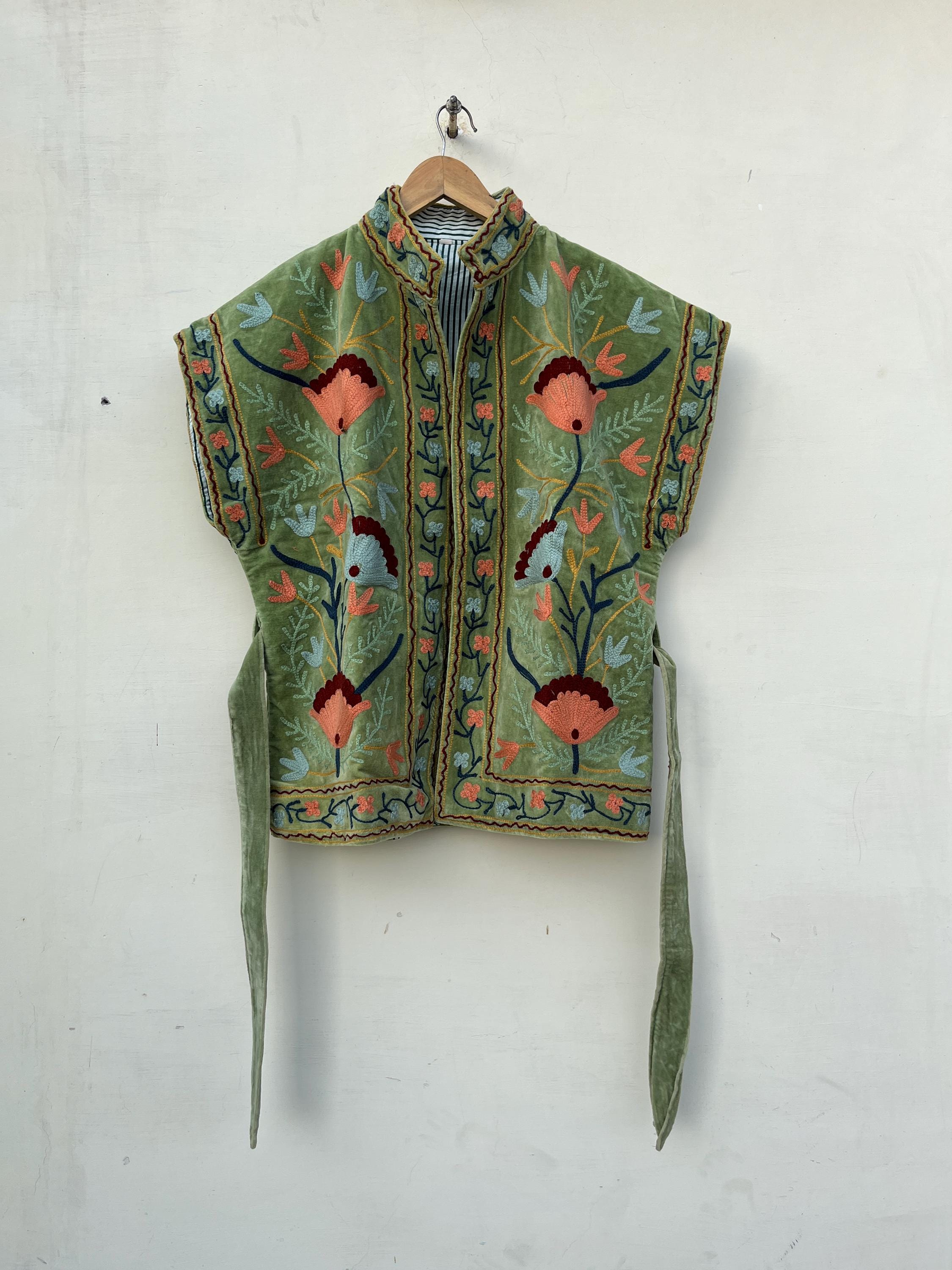 Green Velvet Vest Embroidered Floral Jacket - Handmade Artisan Design