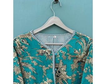 Handmade Floral Cotton Quilted Jacket: Reversible Boho Coat