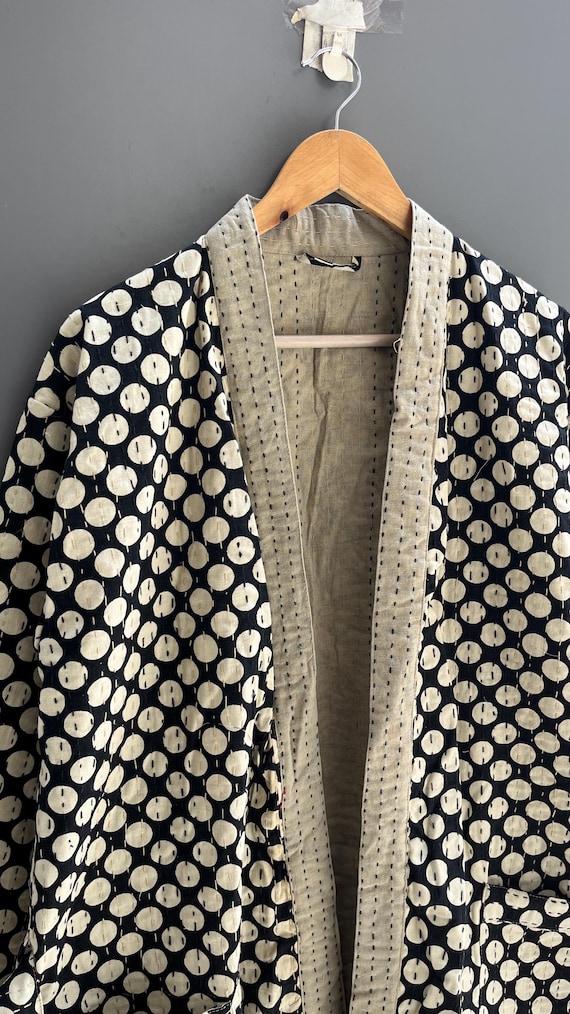 Polka Dot Stitched Kantha Jacket: Indian Cotton Kimono Coat