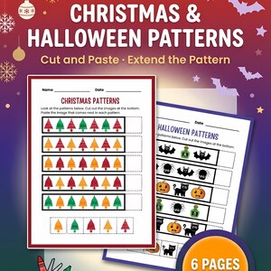Puede incluir: Un libro de actividades educativas colorido con patrones de Navidad y Halloween. La portada muestra el texto "CHRISTMAS & HALLOWEEN PATTERNS" y "Cut and Paste • Extend the Pattern". En el interior, hay patrones con árboles de Navidad e imágenes de Halloween.