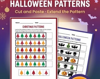 Christmas & Halloween Pattern Worksheets Printable PDF, Cut and Paste Patterning Activities, Preschool Kindergarten Math, Instant Download