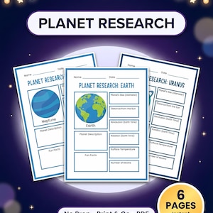 Arbetsblad för planetforskning, utskrivbar PDF | Mall för planetrapport om solsystemet | Fakta om jorden, Uranus och Neptunus | 6 sidor | Naturvetenskap för årskurs 3-5