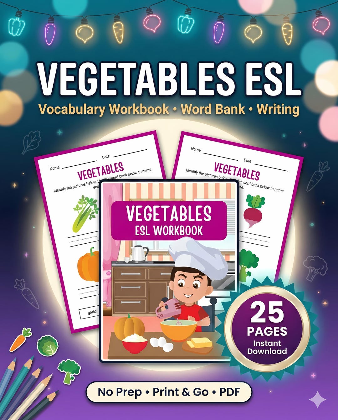 Vegetables ESL Workbook Printable PDF, Vegetable Vocabulary Worksheets ...