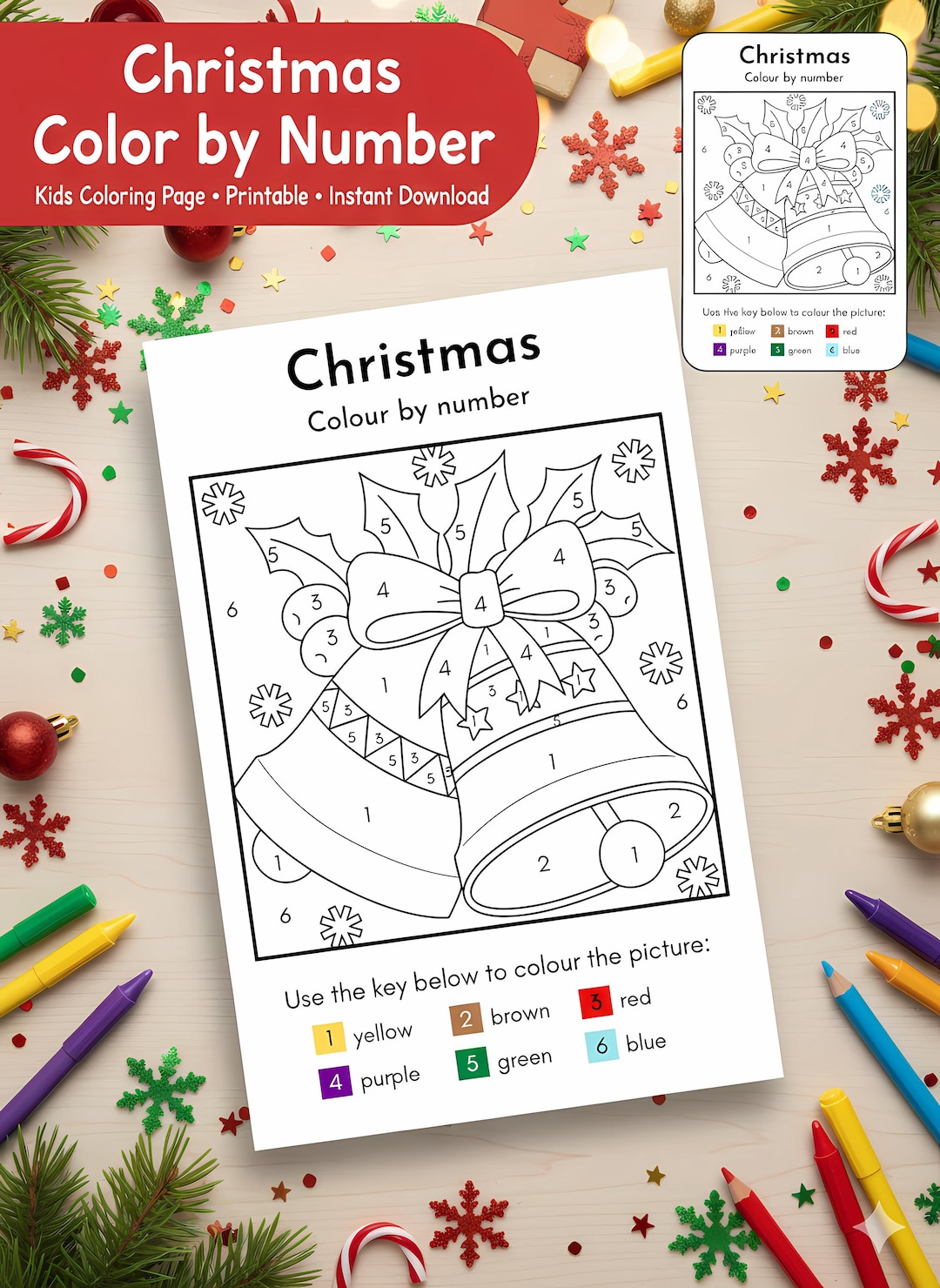 Christmas Color by Number Printable PDF for Kids | Bells Colouring Page ...