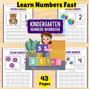 Kindergarten Math Workbook: Counting, Tracing, Addition (43 Printable Pages)